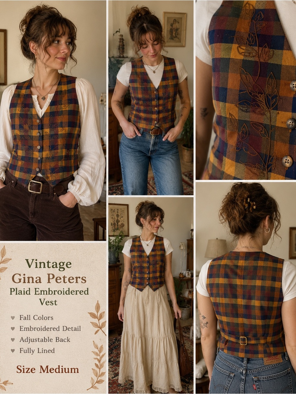Vintage Gina Peters Plaid Embroidered FolkVest Sz Medium Fall Mustard and Navy